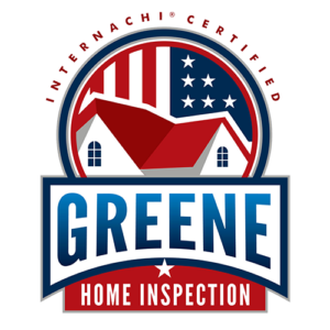 Greene Home Inspection logo. A graphic of a country home with an American flag behind it, colored red, white, and blue.